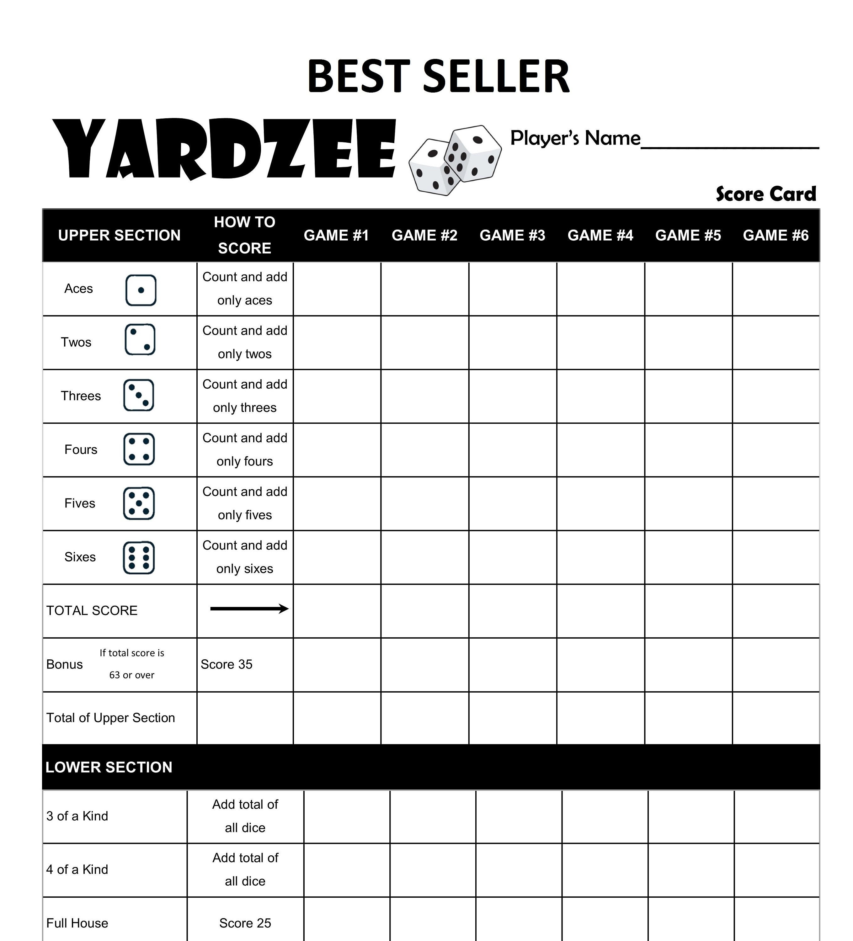 Printable Yardzee Yahtzee Laminated Score Sheet Scorecards With ...