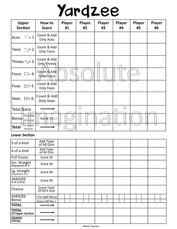SALE PRINTABLE. Yardzee Score Card. Yardzee Board. Lawn Yahtzee ...