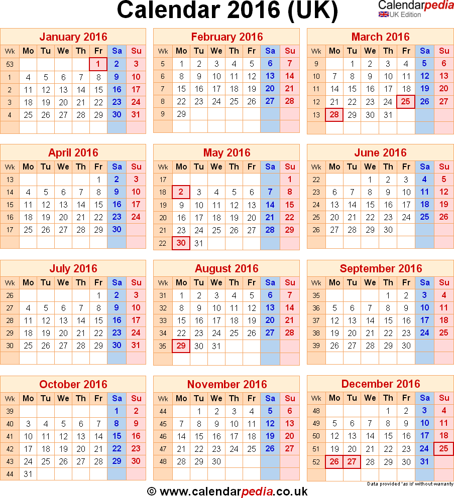 Calendar 2016 UK with bank holidays &  Excel/PDF/Word templates