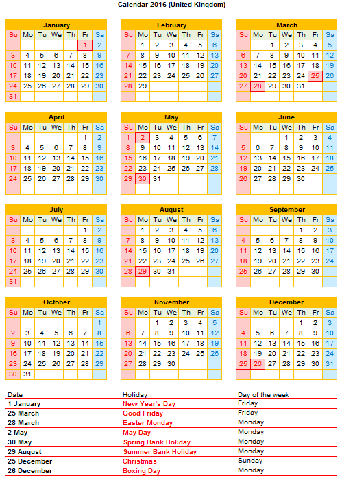 British 2016 Calendar | Free Printable PDF