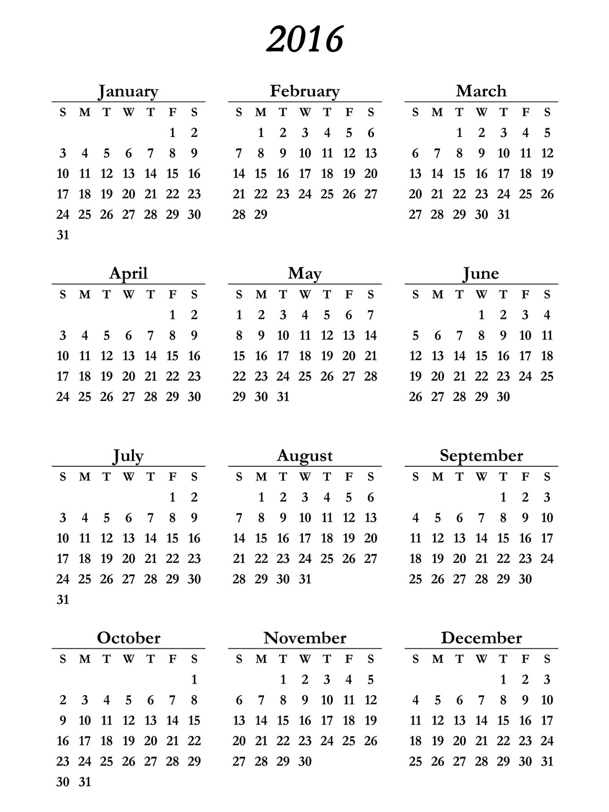 2016 Calendar Printable One Page | Activity Shelter