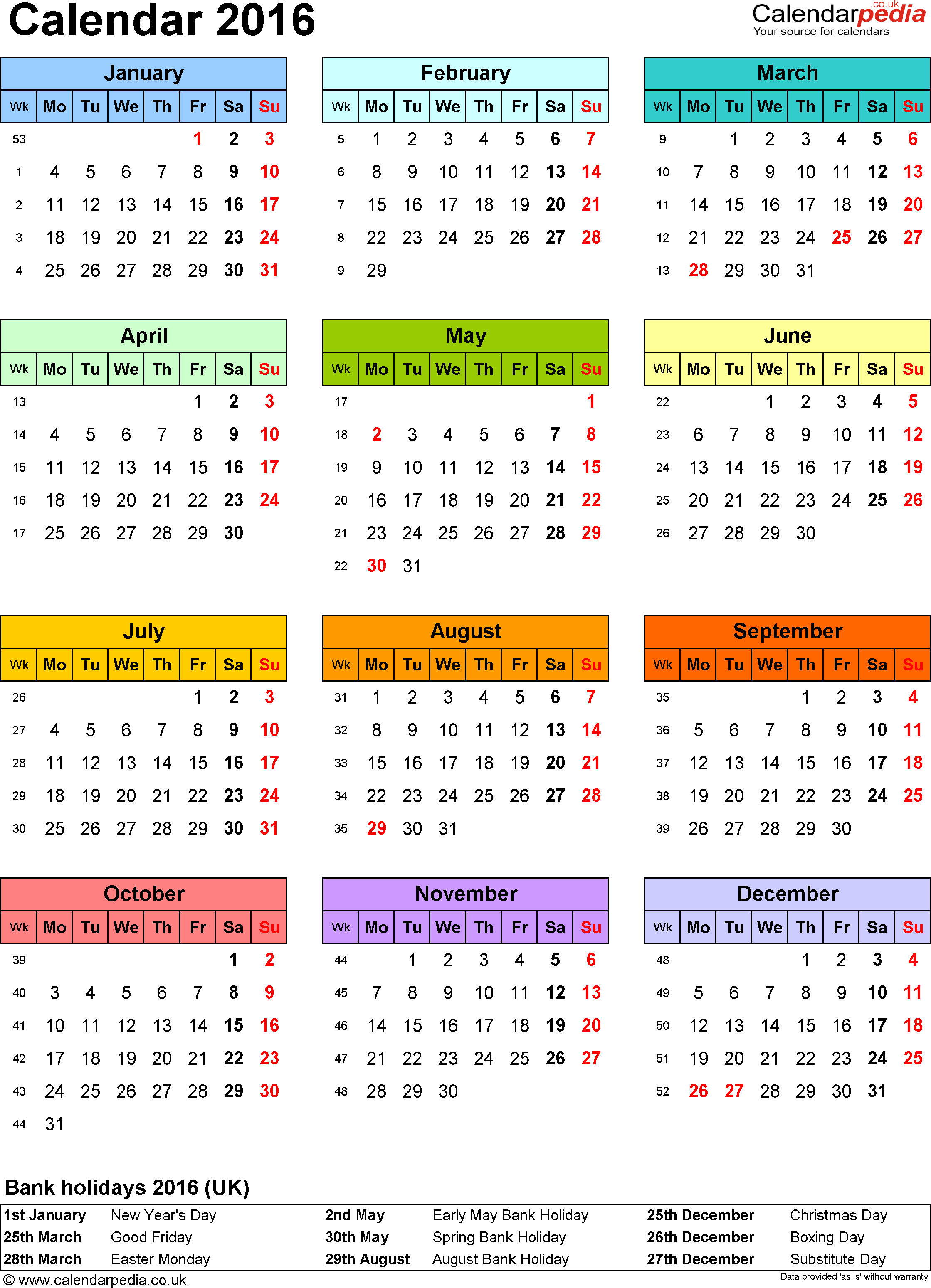 Calendar 2016 (UK) - 16 free printable PDF templates