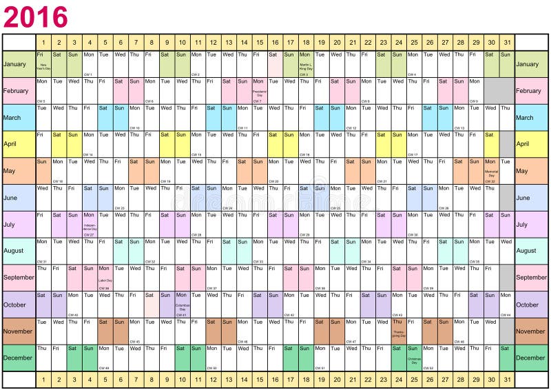 Year Planner 2016 Linear Each Month in Different Colors Stock ...