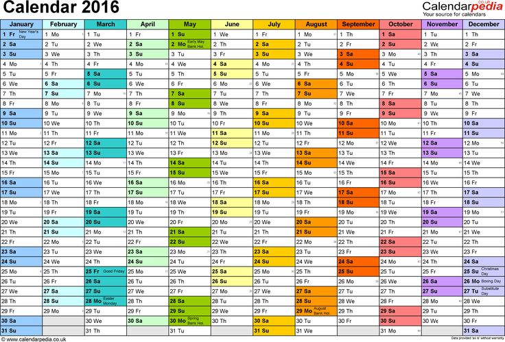 Calendar 2016 (UK) - 16 free printable PDF templates