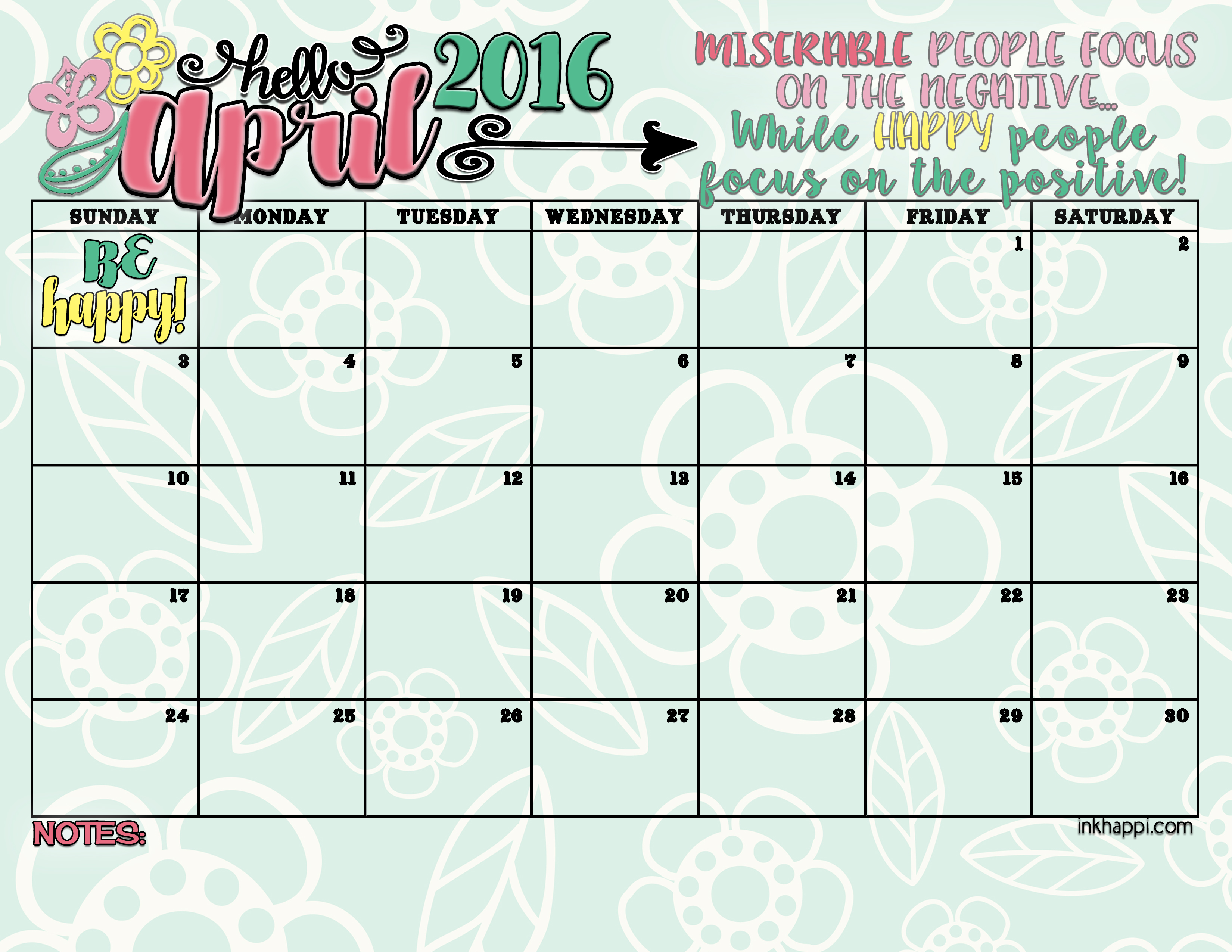 April 2016 Calendar (free printables) - inkhappi