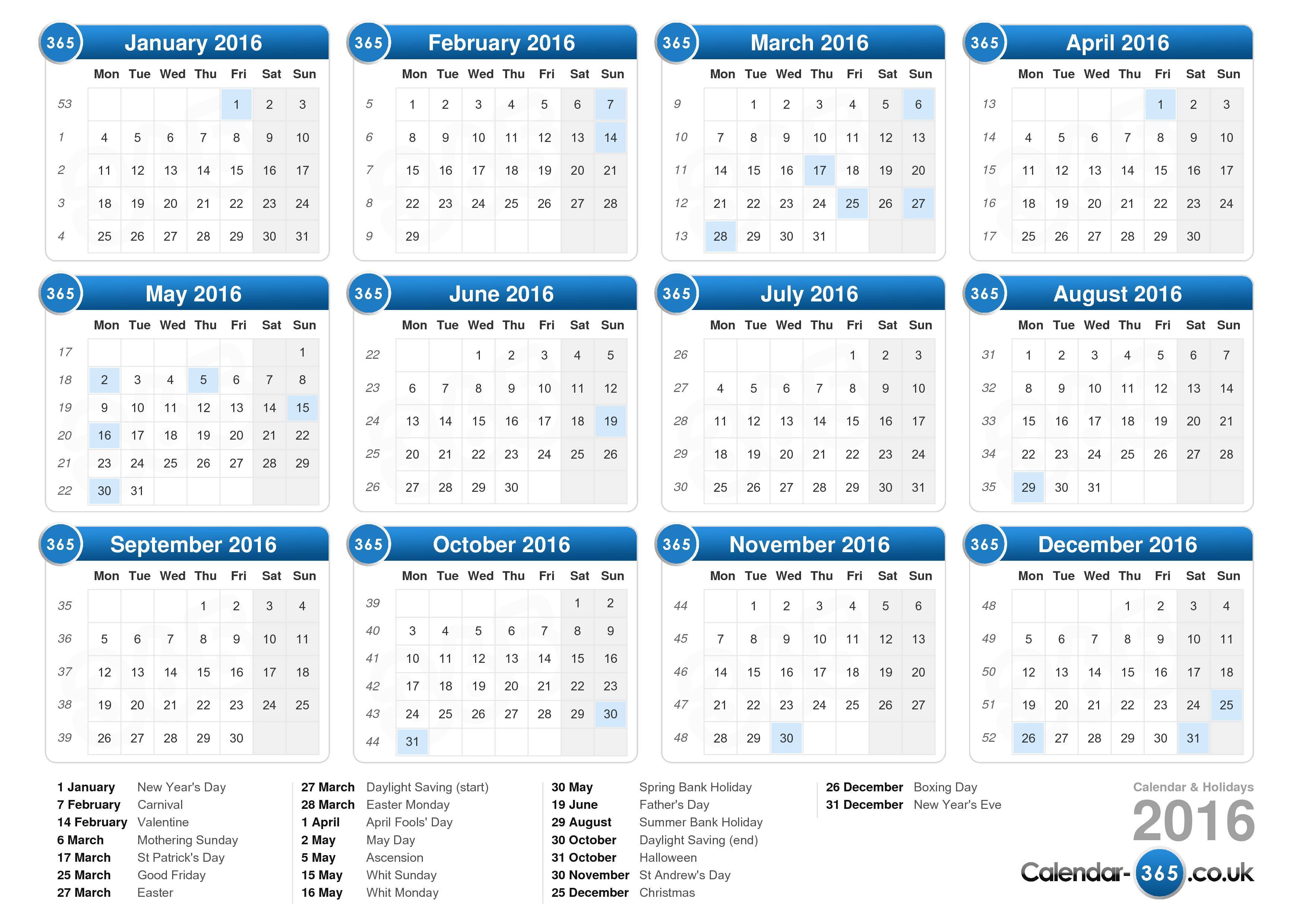 Calendar 2016