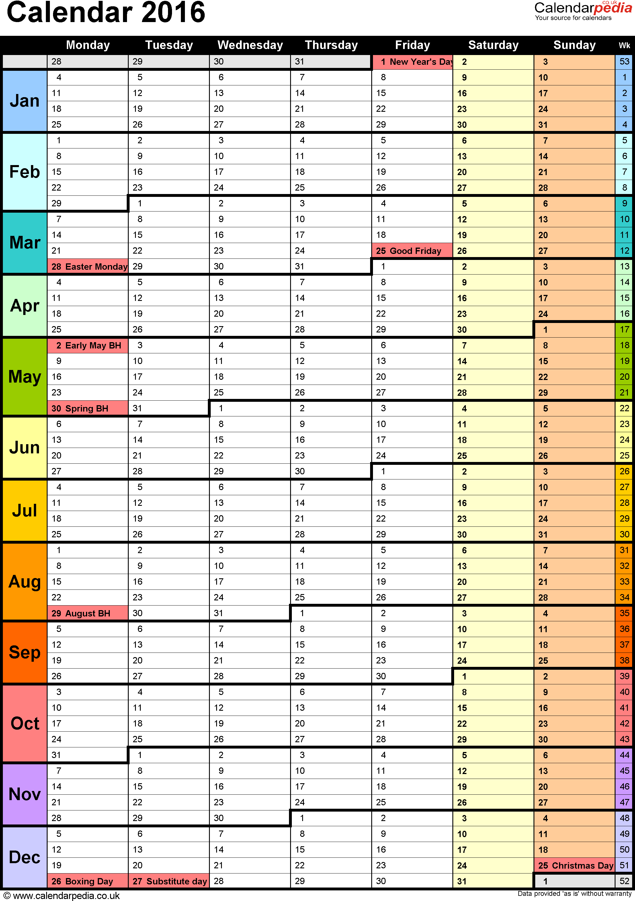 Calendar 2016 (UK) - 16 free printable PDF templates