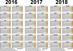 Three year calendars for 2016, 2017 &  2018 (UK) for PDF