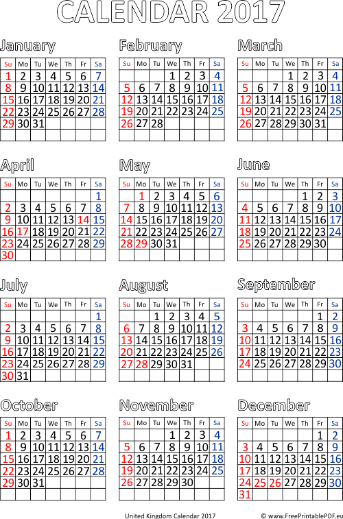 Printable Calendar 2017 for United Kingdom (PDF) | Free Printable PDF
