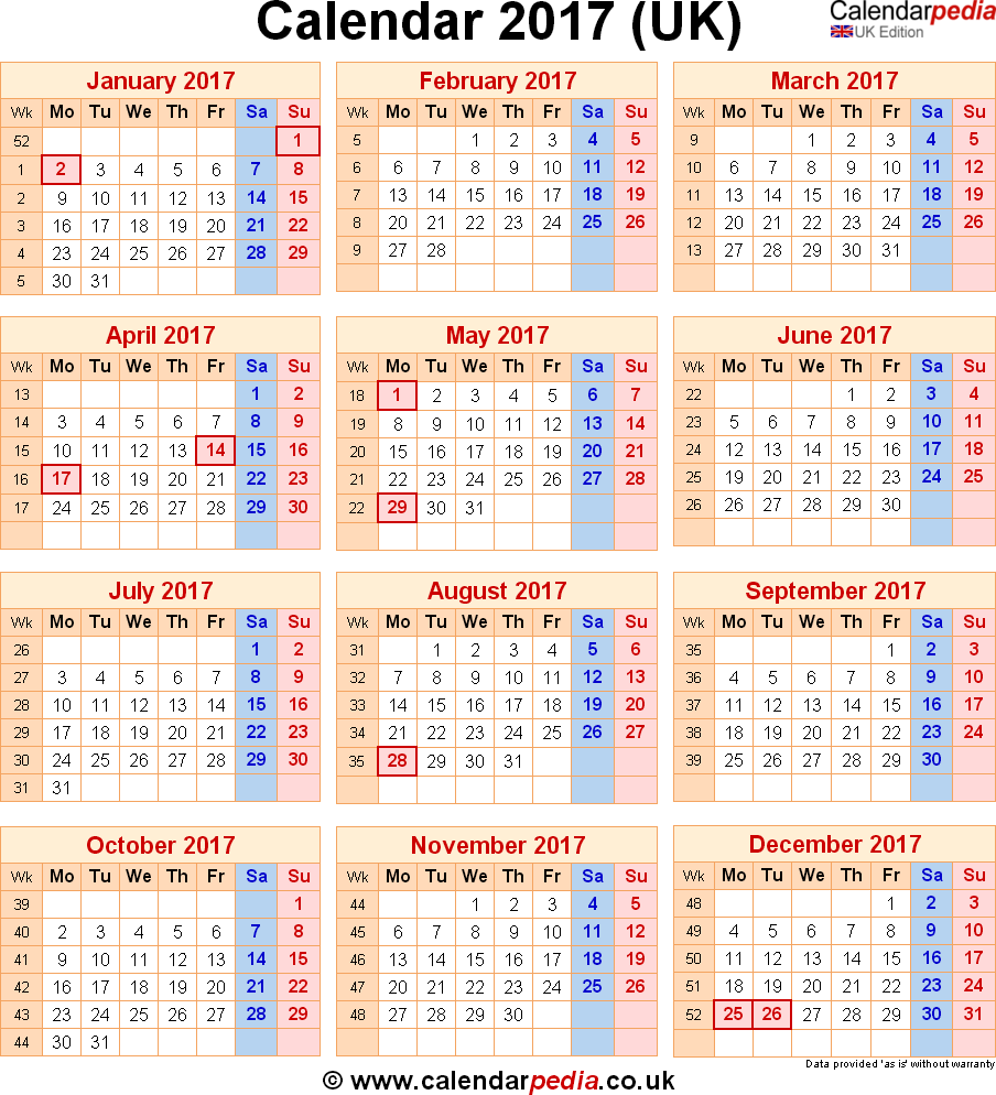 Calendar 2017 UK with bank holidays &  Excel/PDF/Word templates