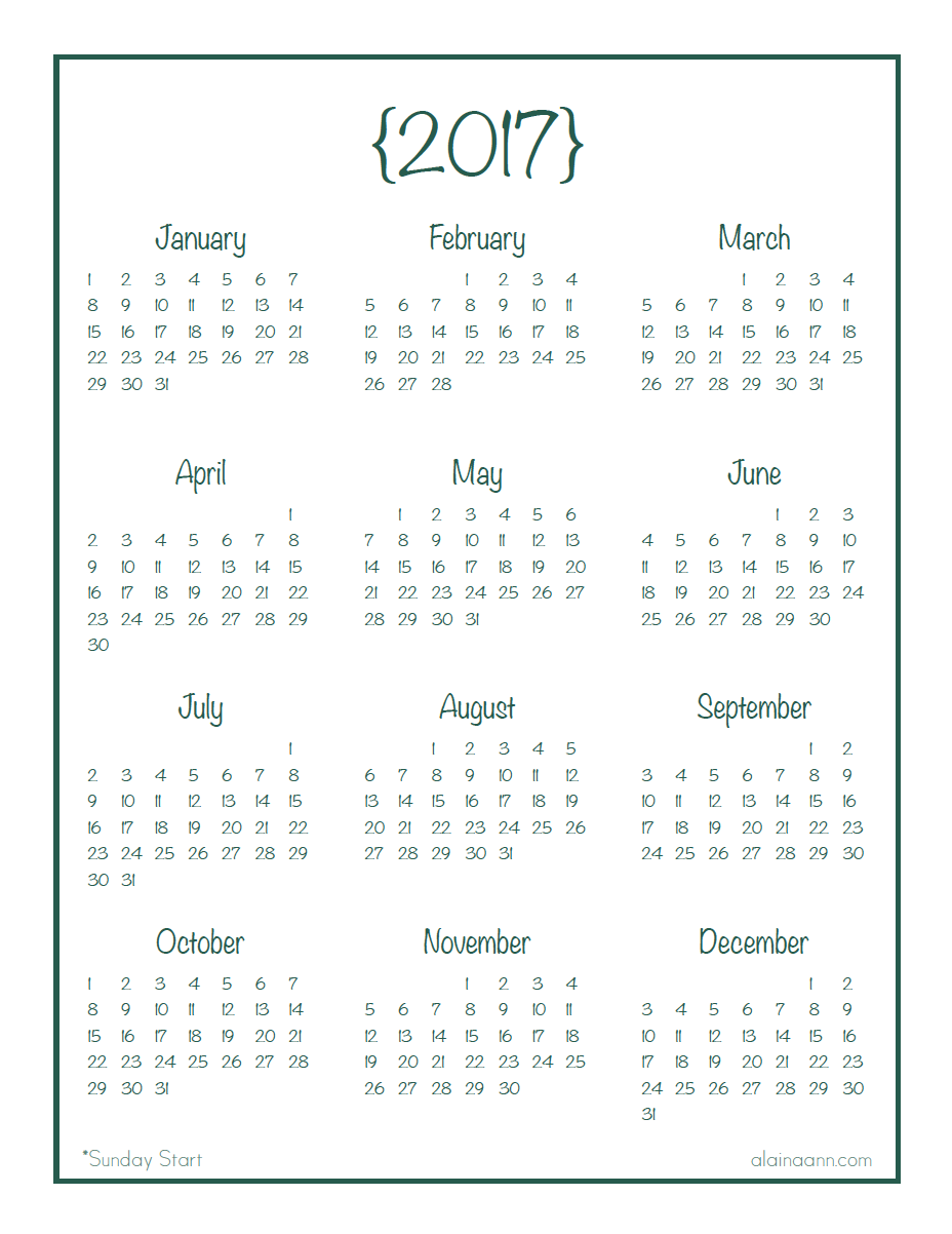 2017 Year-at-a-Glance Calendar Printable — Alaina Ann