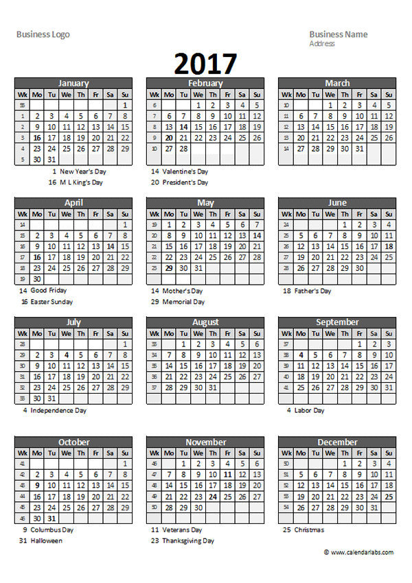 2017 Excel Yearly Business Calendar - Free Printable Templates