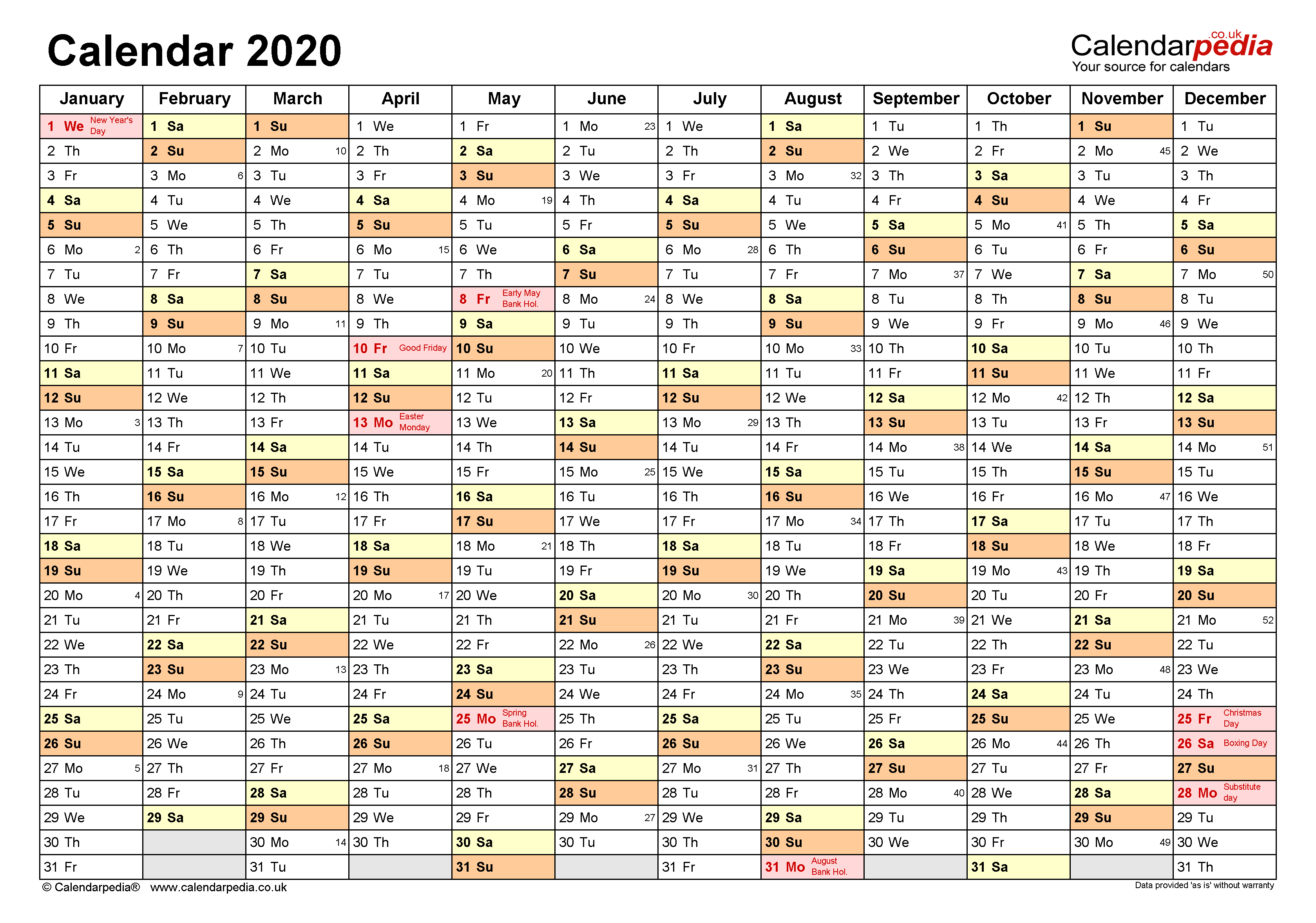 Calendar 2020 (UK) - free printable PDF templates