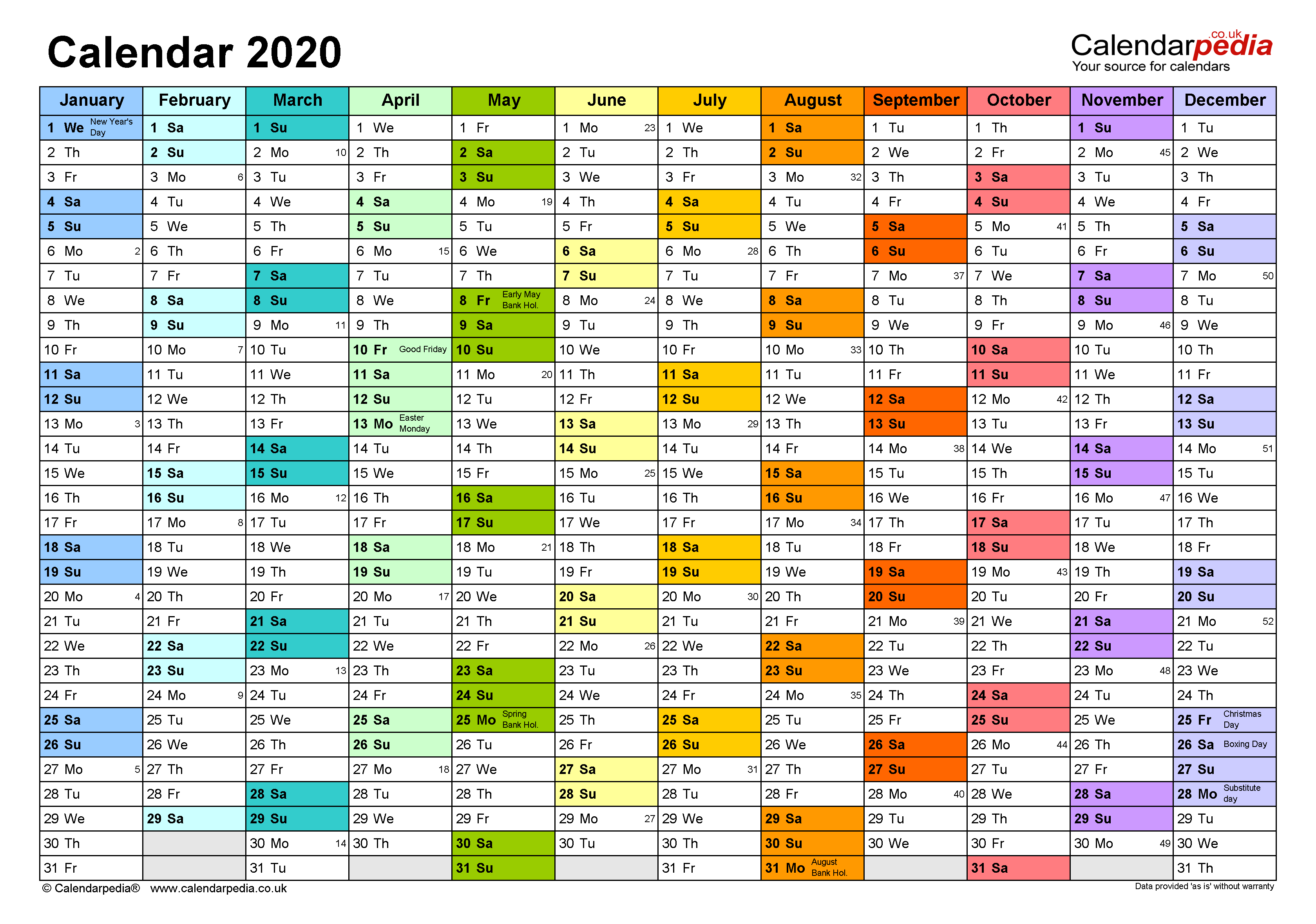 Calendar 2020 (UK) - free printable PDF templates