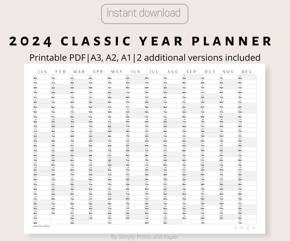 2024 Classic Wall Calendar Printable Yearly Planner Black &  White ...