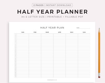 Half Year Planner Printable Landscape, Year on 2 Pages, Calendar ...