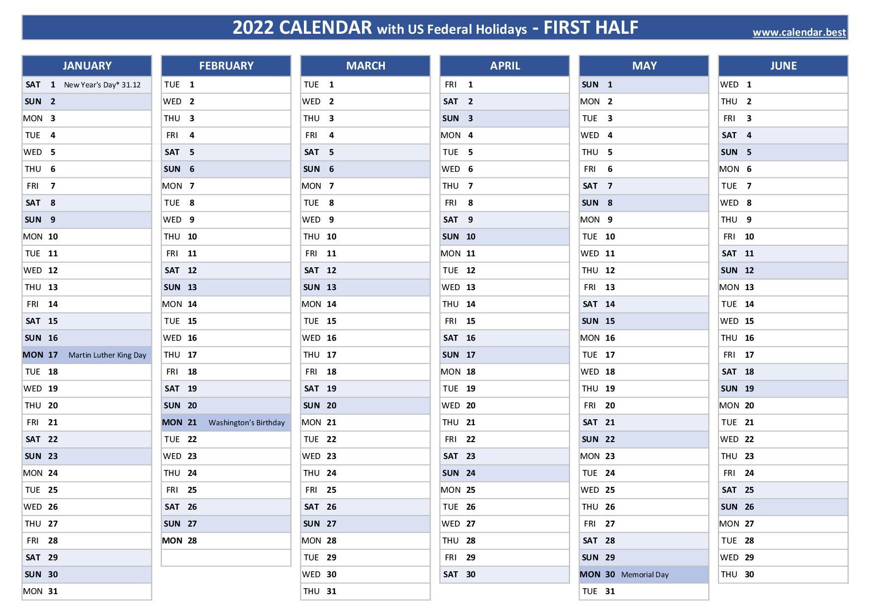 2022 half year calendar to print