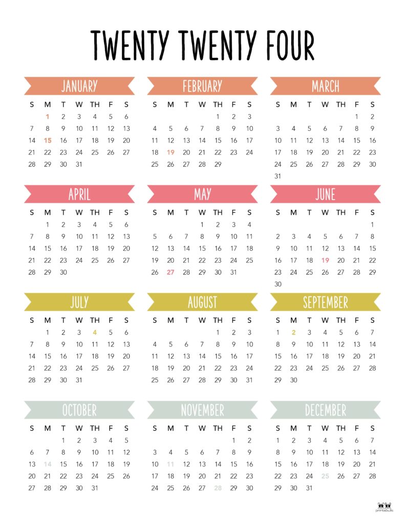 2024 Yearly Calendars - 29 FREE Printables | Printabulls