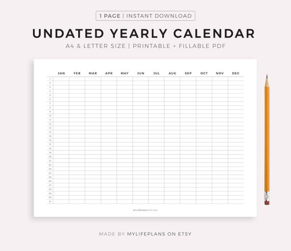 Undated Year Calendar Printable &  Fillable, Year at a Glance, Year ...