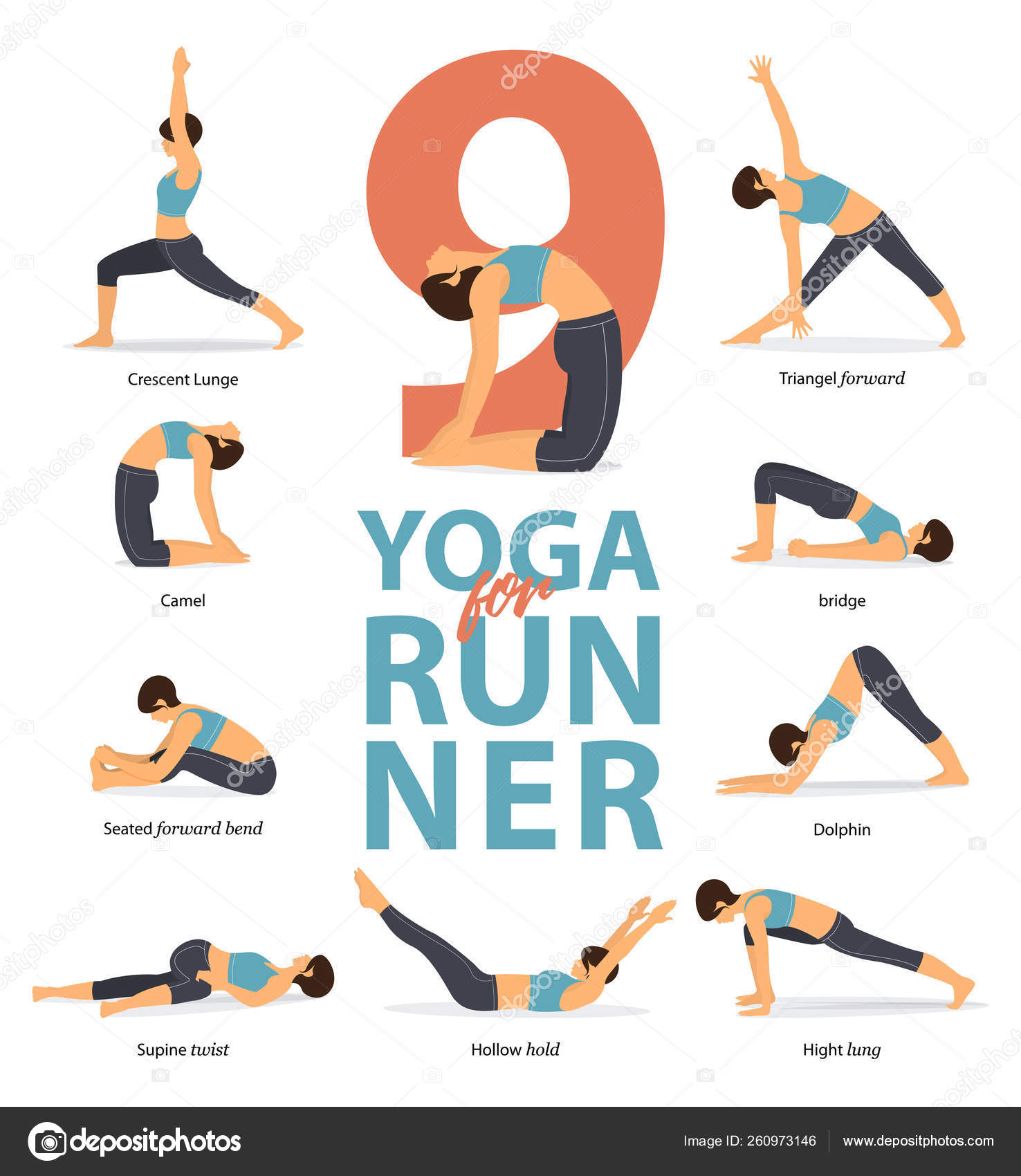 Set of yoga postures female figures Infographic . 9 Yoga poses for ...