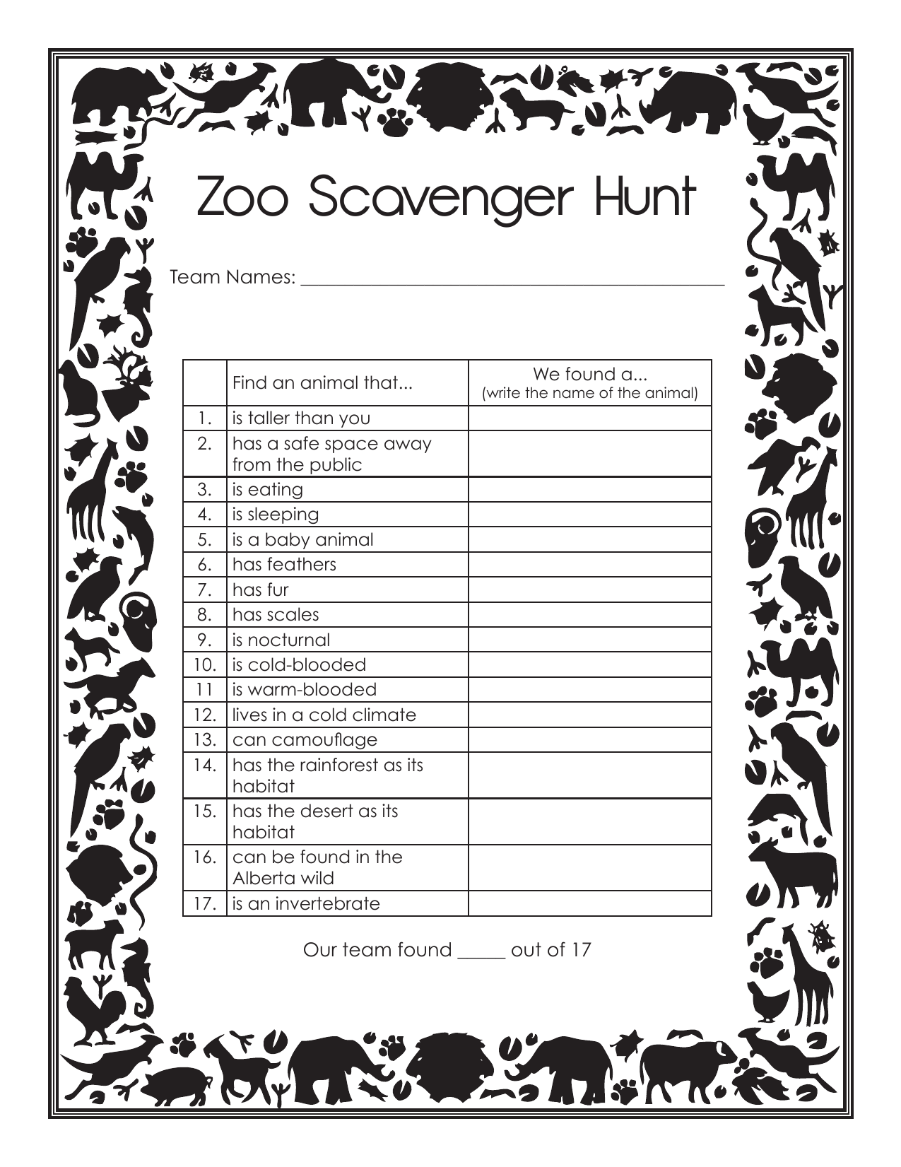 printable zoo scavenger hunt