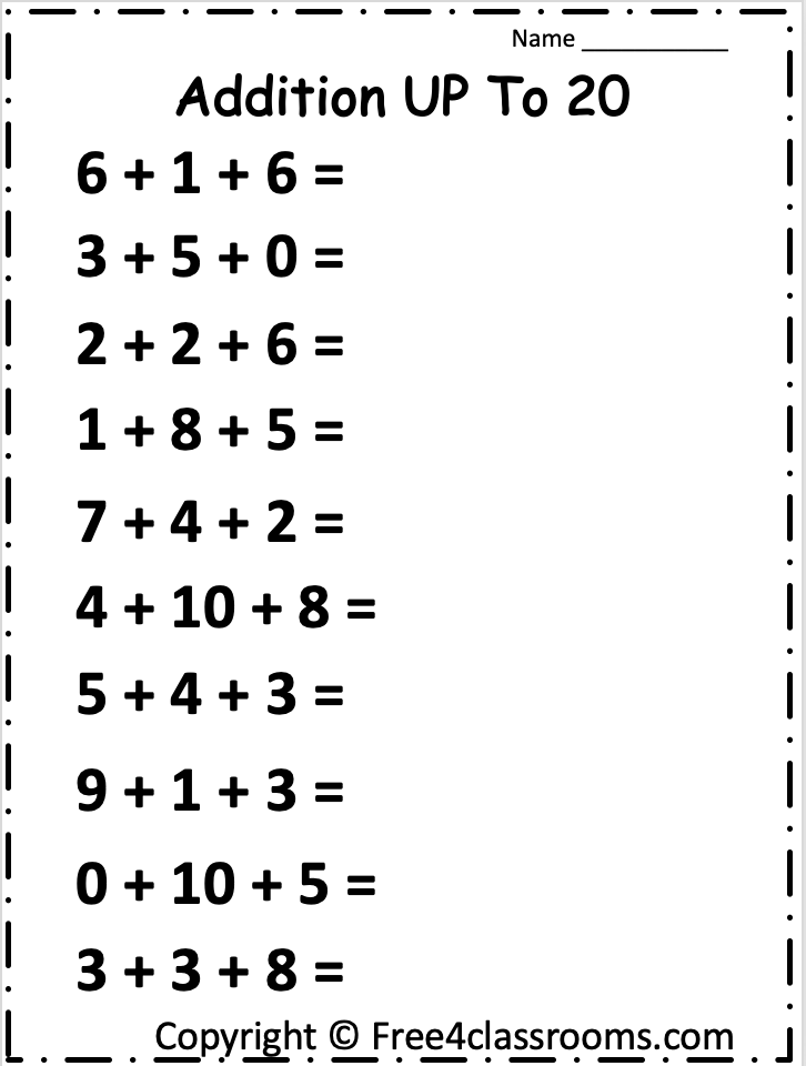 Free Printable Addition Up to 20 Math Worksheet - Free Worksheets ...