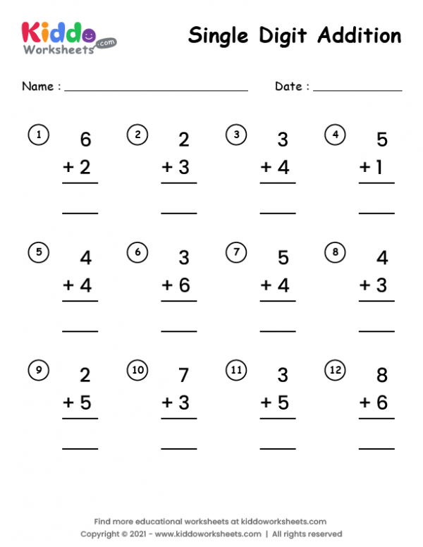Free Printable Single Digit Addition Worksheet - kiddoworksheets
