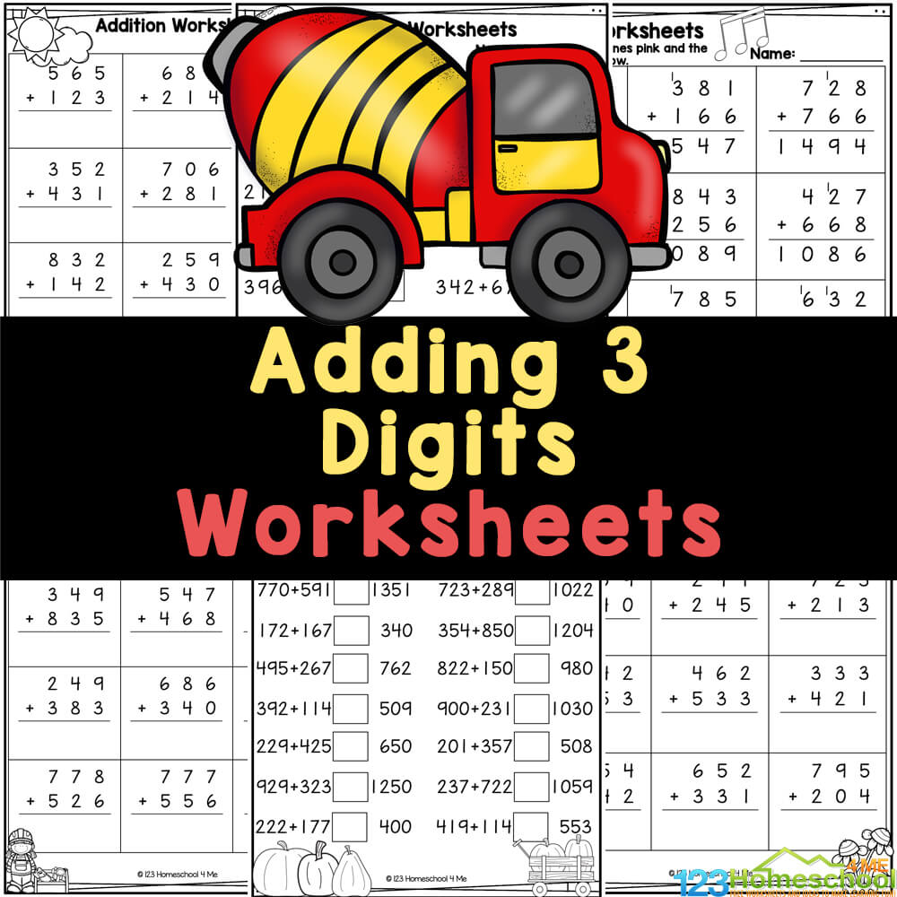 FREE Printable 3-Digit Addition Math Worksheets (with Answer Key!)