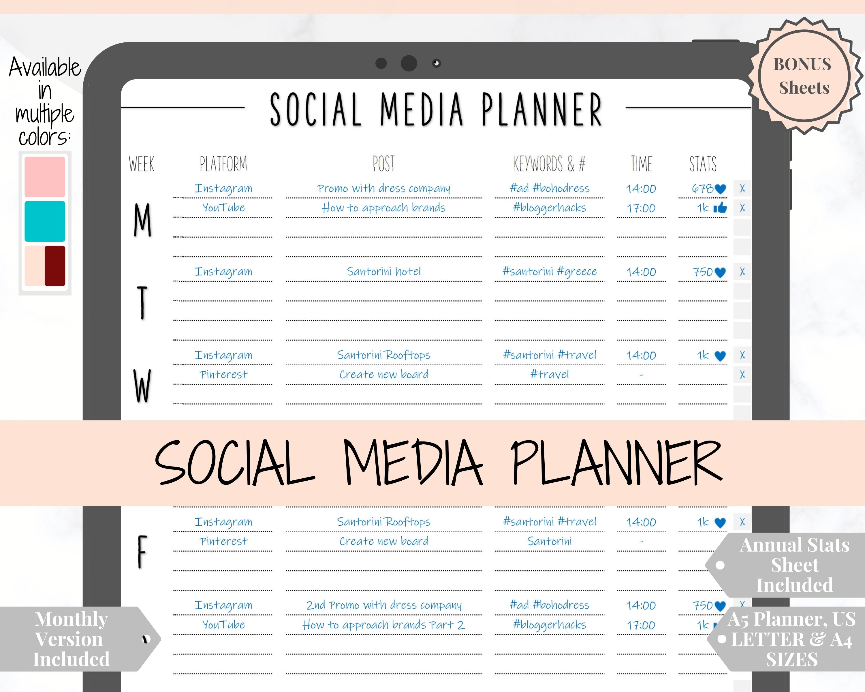 Social Media Planner Printable for Blogging, Youtube, TikTok