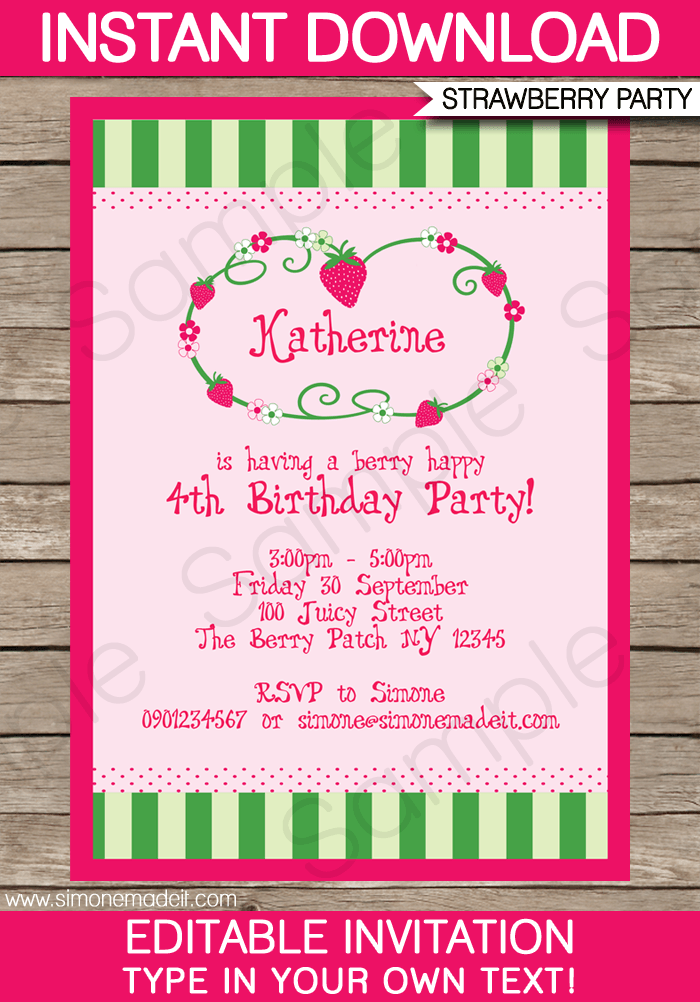 Strawberry Shortcake Party Invitations Template