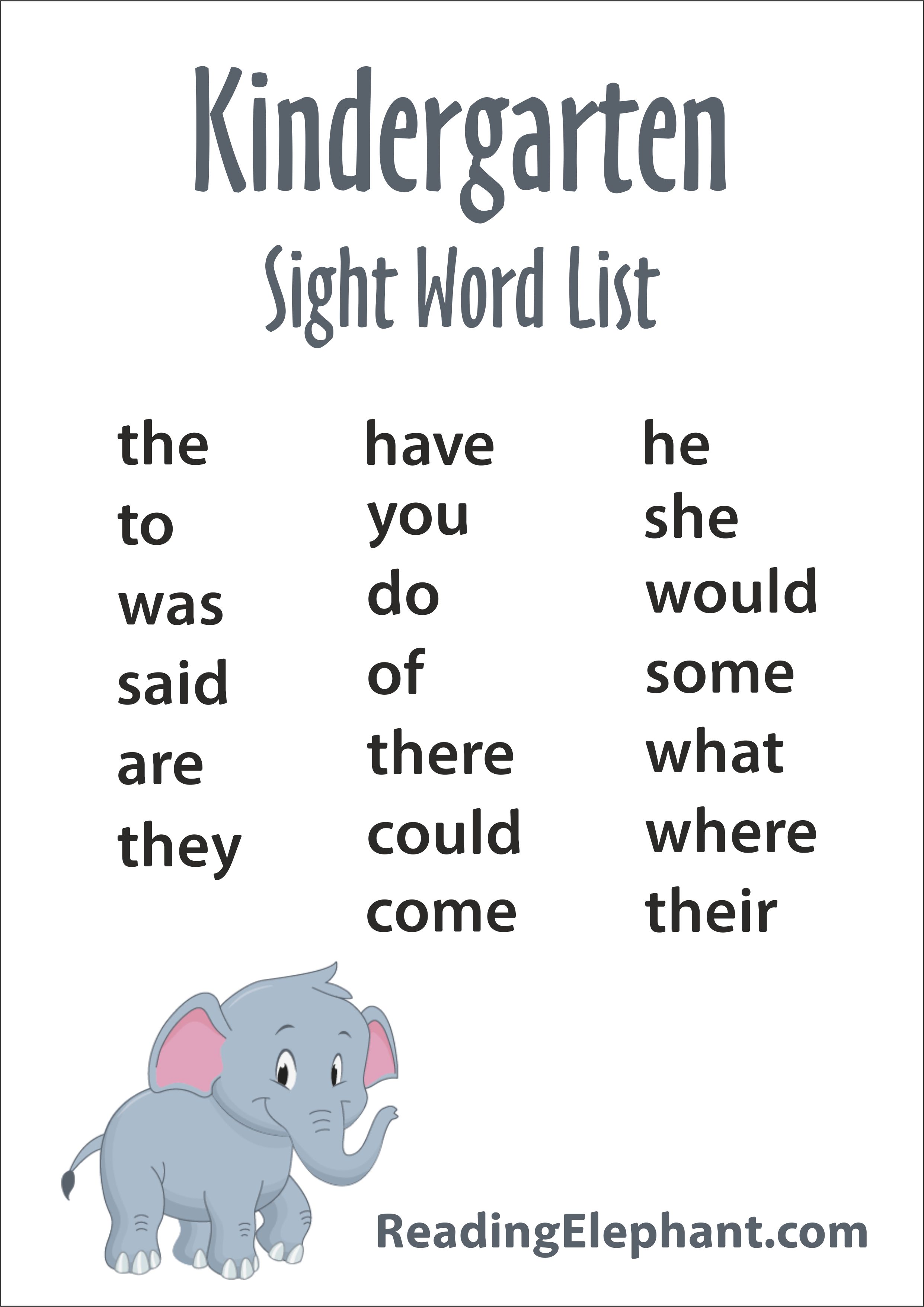 Kindergarten Sight Words - FREE Printable - Reading Elephant