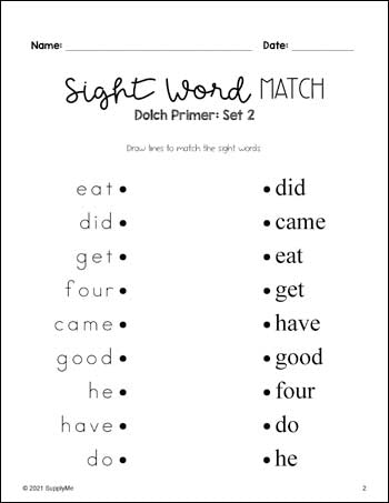 Kindergarten Sight Word Worksheets - Sight Words Matching, 4 ...