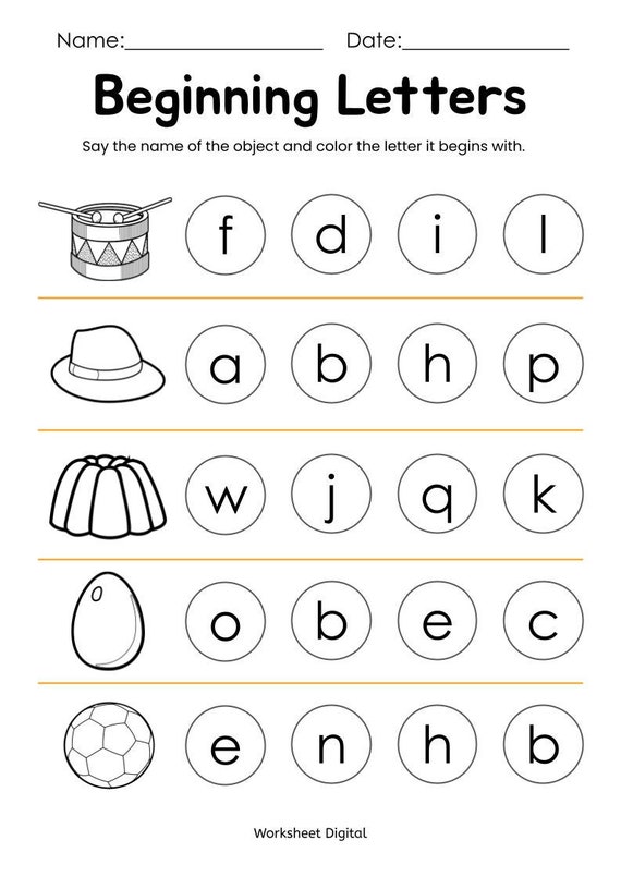 Buy 10 Printable Beginning Letters Worksheets for Kindergarten ...
