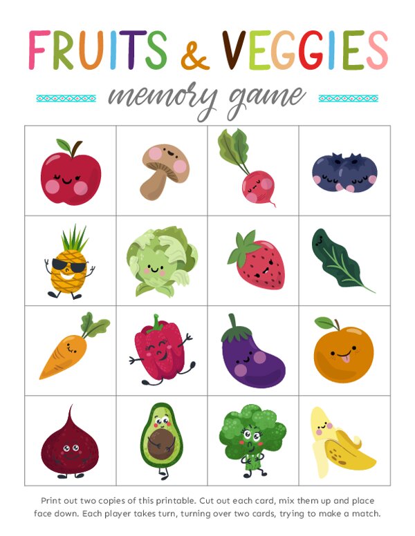 Free Printable Fruits and Veggies Memory Games