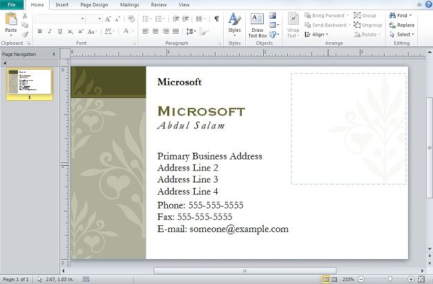 printing business cards from publisher