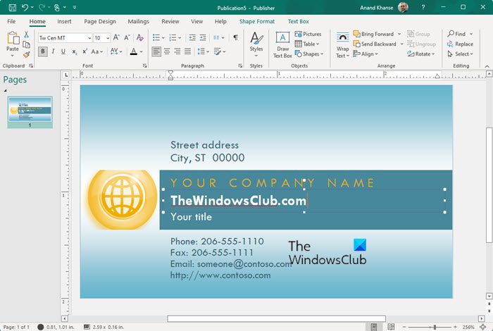 printing business cards from publisher