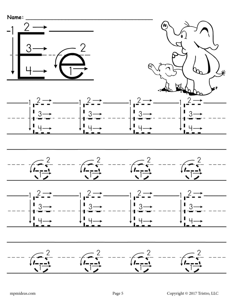 Printable Letter E Tracing Worksheet With Number and Arrow Guides ...