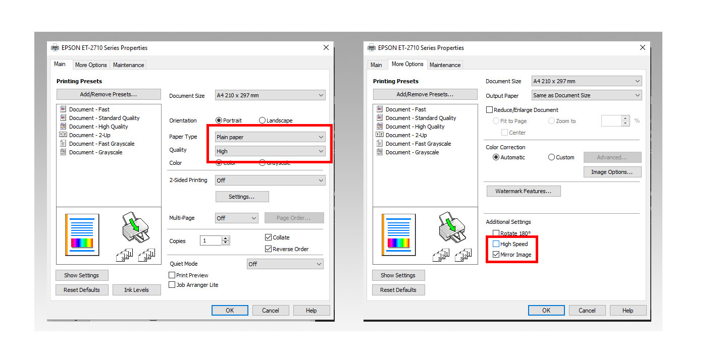 Print Settings for Fabric HR sublimation paper - Epson Printer ...