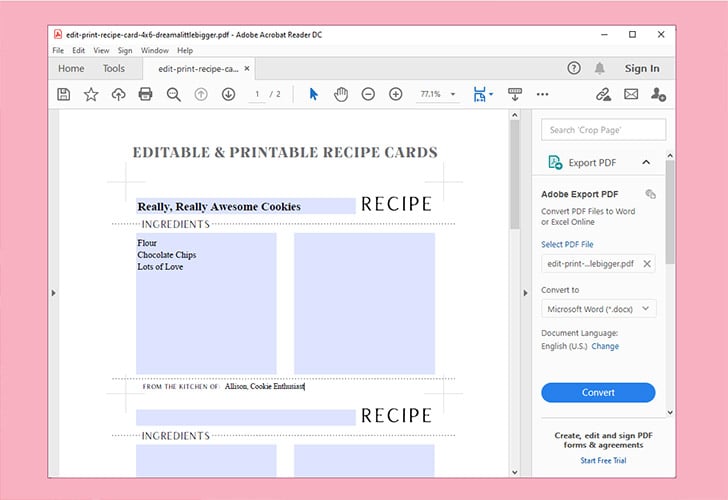 printing recipe cards word