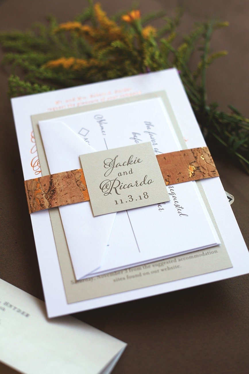 Vineyard Cork Wedding Invitation with Neutral Metallic Colors ...