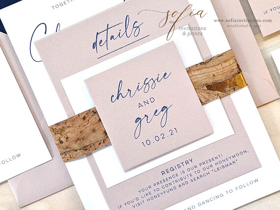 Vineyard Cork Wedding Invitation With Navy and Blush Metallic ...