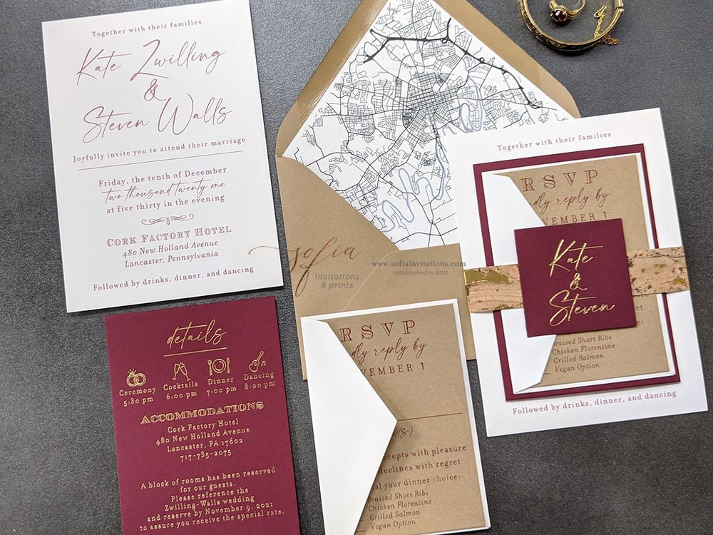 Burgundy and Gold Foil Wedding Invitation with custom map liner ...