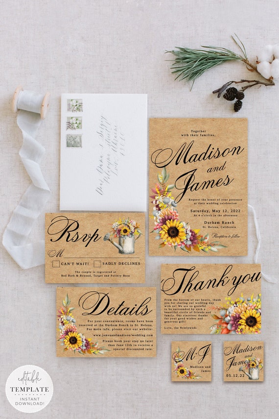 Rustic Sunflower Wedding Invitation Suite, Kraft, Rustic Wedding ...
