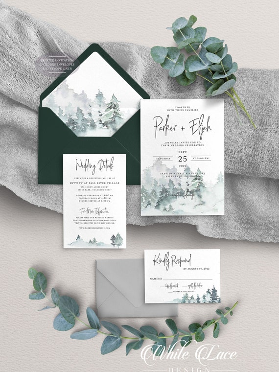 Mountain Wedding Invitations Forest Wedding Dark Green Mountain ...