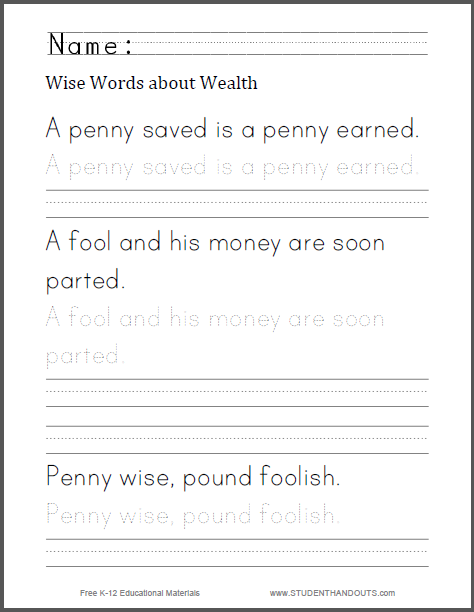 Wise Words About Wealth Handwriting Worksheet | Student Handouts
