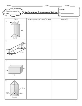 Surface Area &  Volume of Rectangular &  Triangular Prisms Worksheet