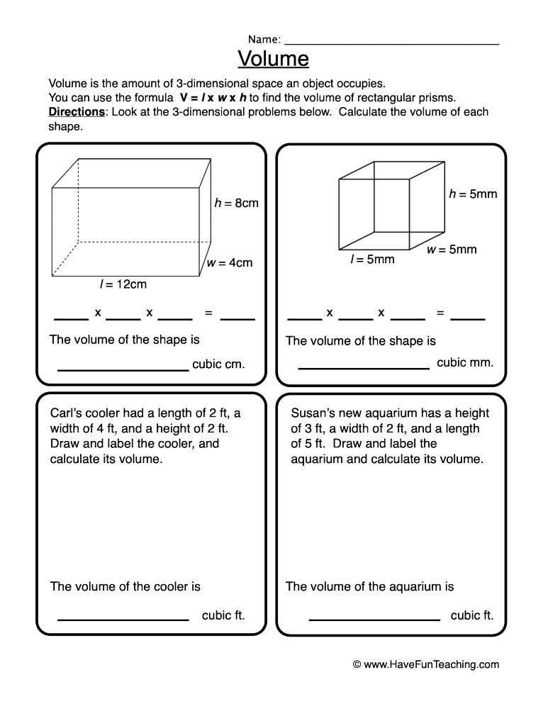Volume Rectangular Prisms Worksheet  