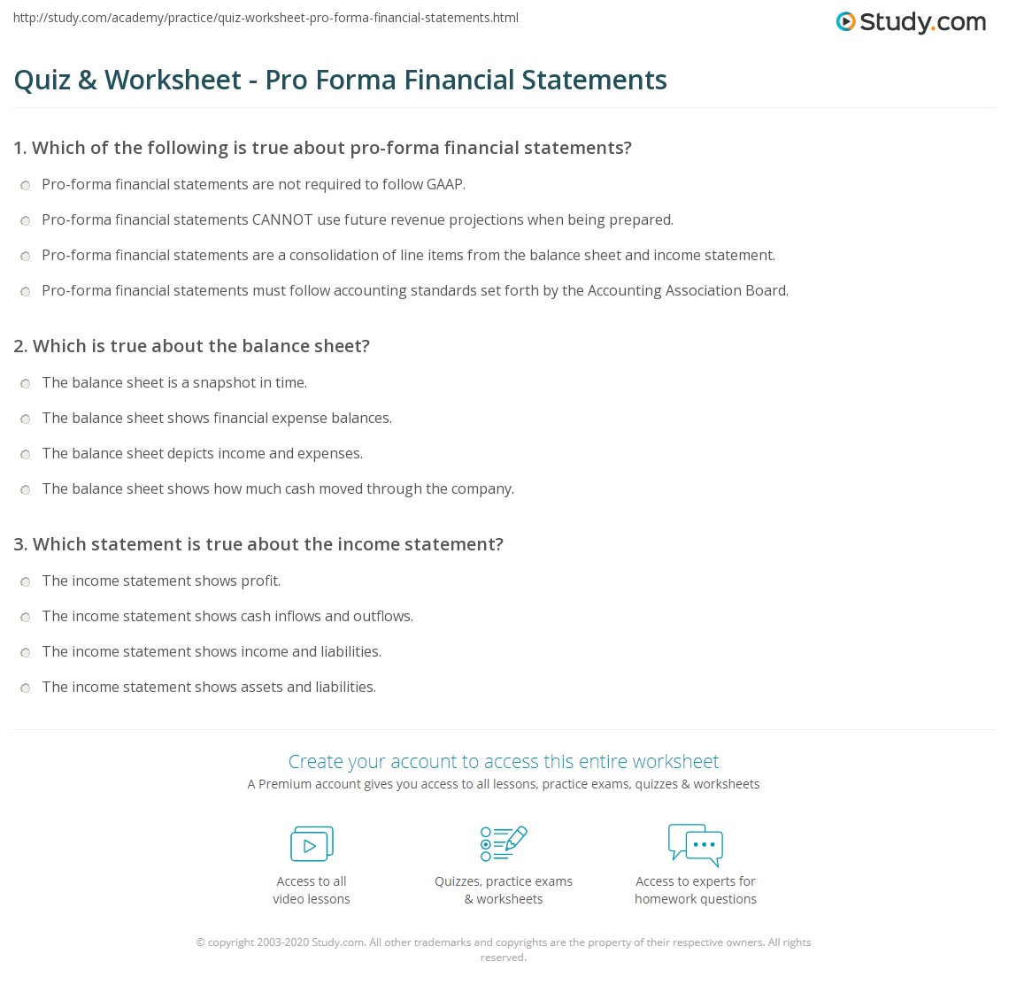 Quiz &  Worksheet - Pro Forma Financial Statements | Study.com
