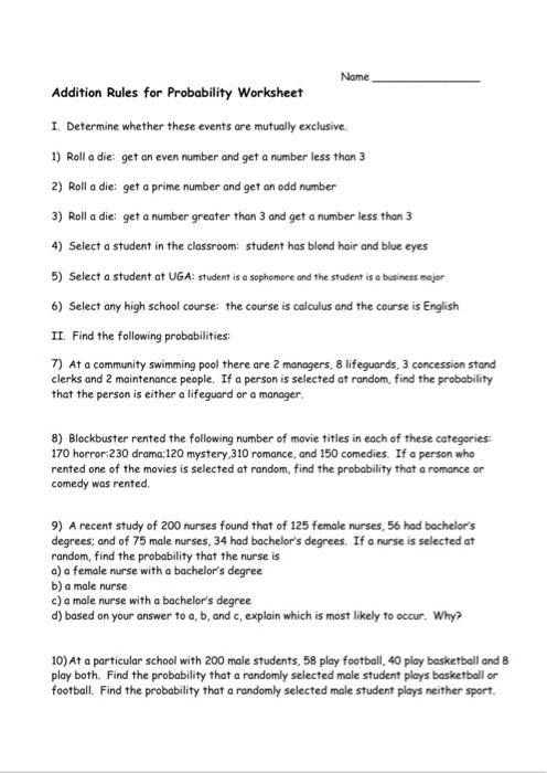 probability mutually exclusive events worksheet answers