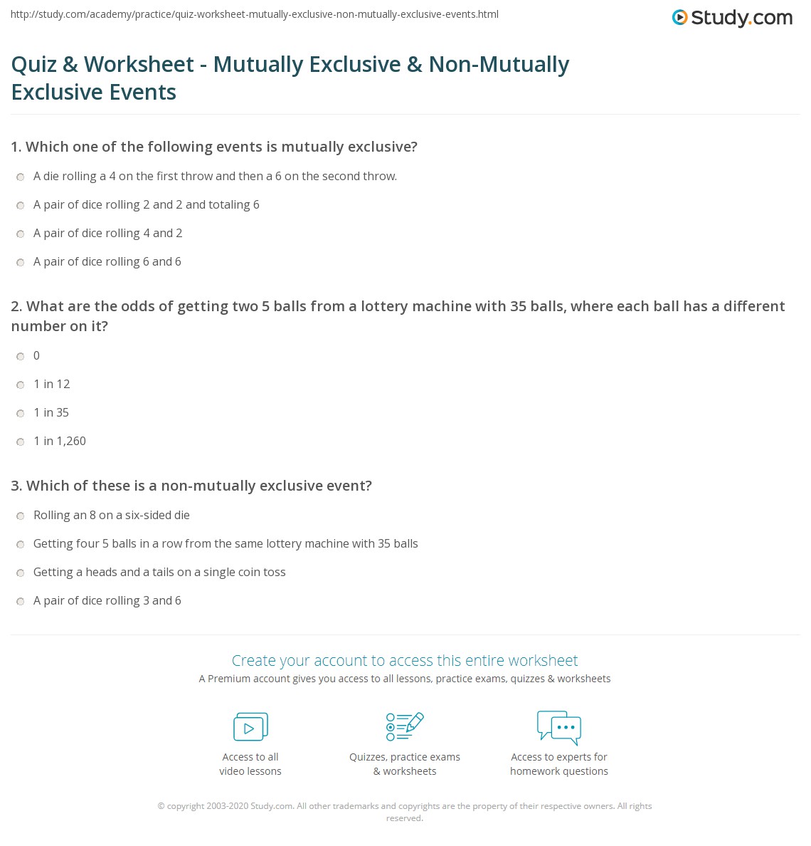 probability mutually exclusive events worksheet answers